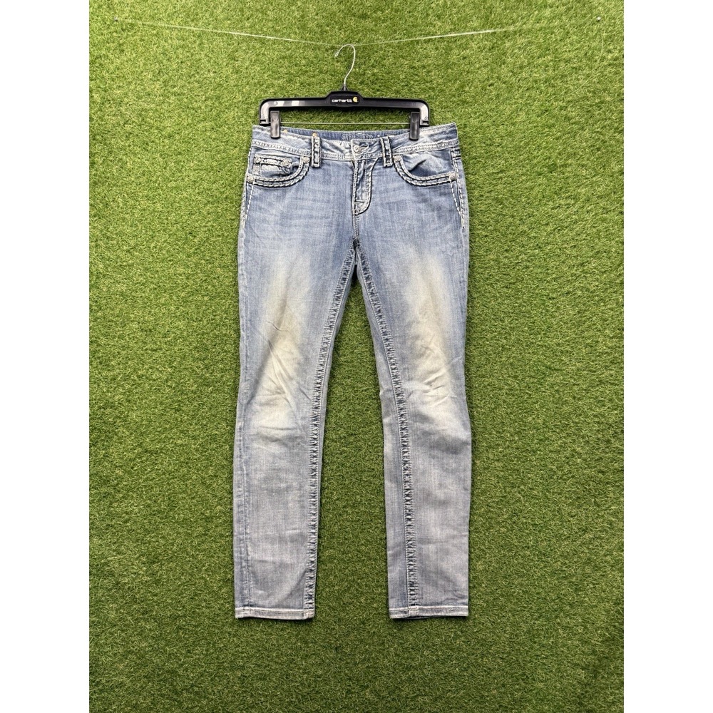 Miss Me Jeans Womens 31 Skinny Flap Pockets Light Wash Embellished y2k Bling